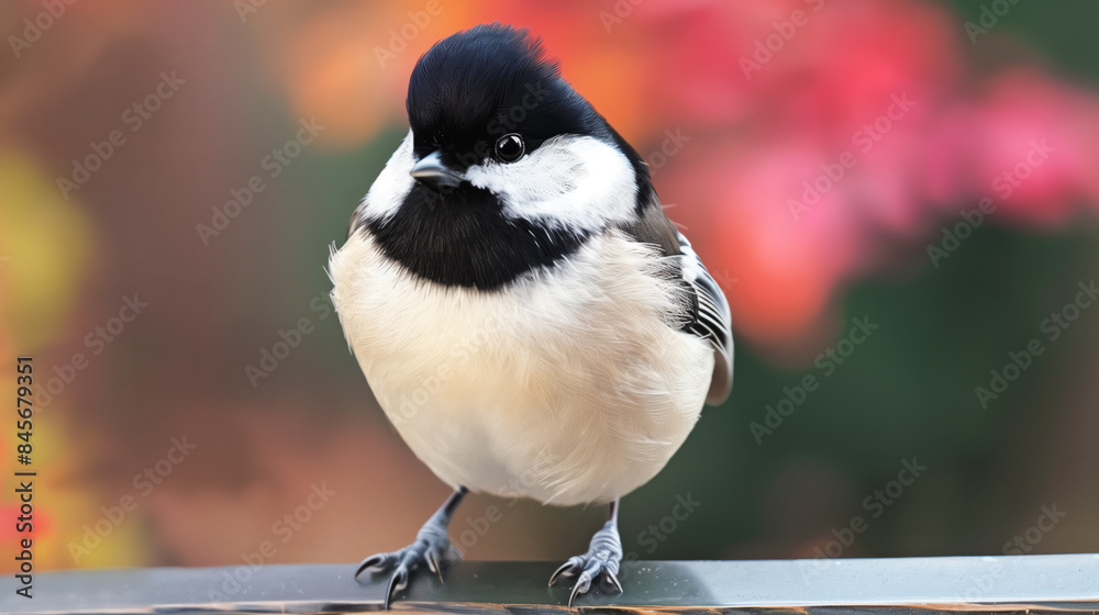 Obraz premium A black-capped chickadee perched on a metal surface, set against a backdrop of vibrant red and orange foliage