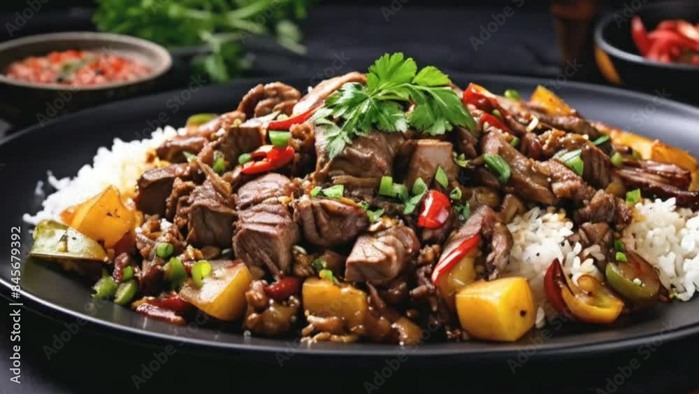 a black plate topped with rice and meat, lomo saltado, styled food photography, hd food photography, 4k food photography, 4 k food photography, professional food photography, food photography, istockp a black plate topped with rice and meat, lomo saltado, styled food photography, hd food photography, 4k food photography, 4 k food photography, professional food photography, food photography, istockp