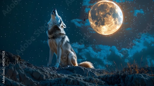 Majestic Wolf Howling at the Mystical Full Moon in the Starry Night Sky