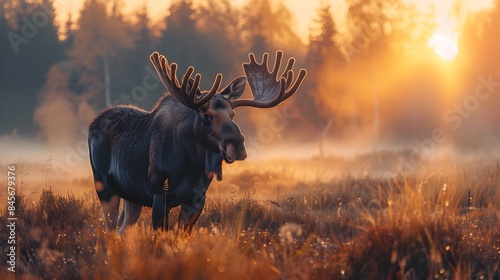 Majestic Moose Stands Tall in Misty Morning Meadow with Dew Covered Grass and Rising Sun © Thares2020
