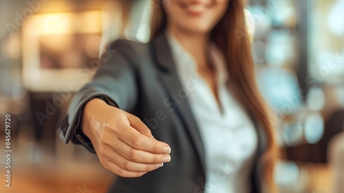 woman business executive negotiating a deal and reaching her hand out to solidify the agreement © Farhan