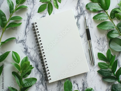 Empty notebook with pen, marble background, green leaves, flat lay, minimalistic and fresh