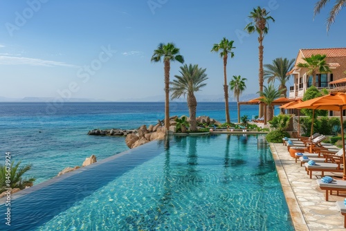 A Long Infinity Pool With Palm Trees and Ocean Views in a Sunny Resort