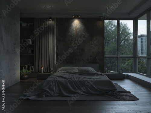 Minimalist Bedroom at Night with Cinematic Lighting © IQRAMULSHANTO
