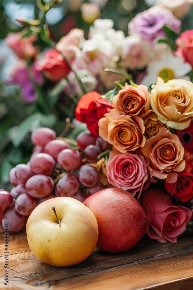 Close-Up of Fruits and Flowers on Wooden Table Close-Up of Fruits and Flowers on Wooden Table