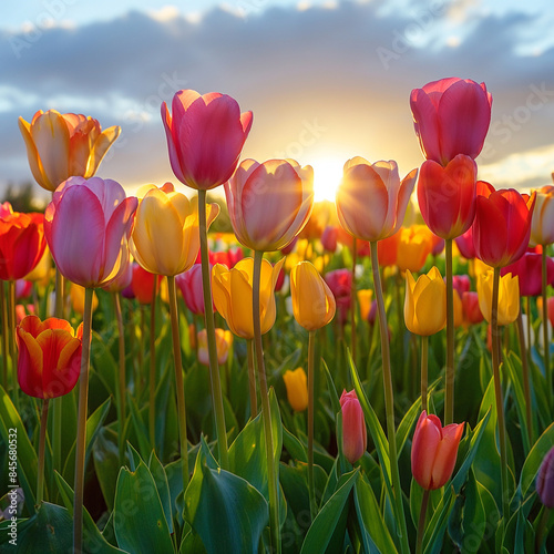 Colorful tulip flowers blooming in a tulip field with beautiful sunlight in the background.