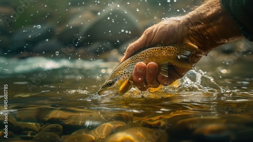 Caught brown trout (Salmo trutta) being released, Big Hole River, Montana photo
