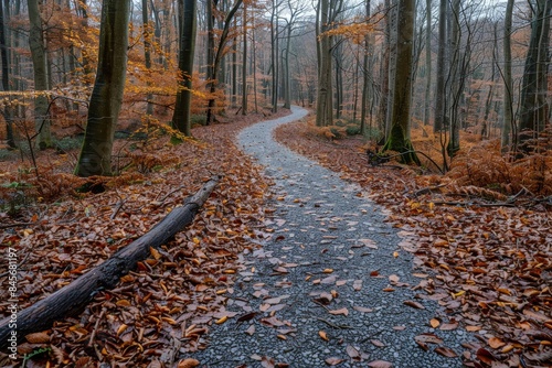 Autumnal Forest Path With Fallen Leaves in a European Forest