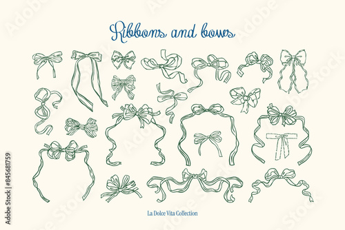 Minimalist hand drawn ribbons and bows vector illustration collection. Art for greeting cards, wedding invitations, poster design, postcards, branding, logo design, background.	
