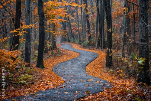 Autumnal Forest Path With Fallen Leaves in a European Forest