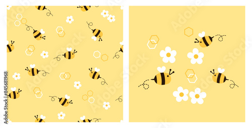 Seamless pattern with bee cartoons, cute flower and beehive sign on yellow background. Bee cartoons and cute flower vector.