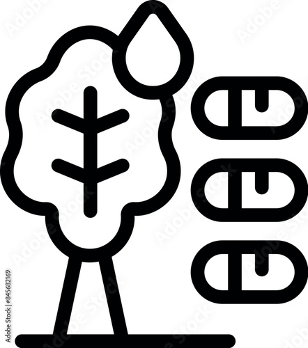 Line icon of a tree absorbing water and nutrients represented by pills for concepts of plant growth, care, and gardening