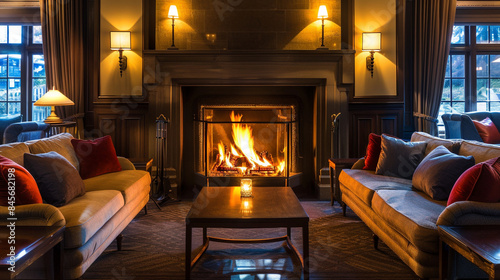 Cozy hotel living room with fireplace, comfortable seating, and ambient lighting © Stone Shoaib