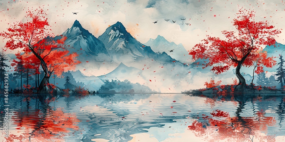 decorative japanese background with red and blue watercolor textures fuji mountain cherry blossom flower bonsai chinese clouds and icon design