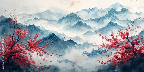 decorative japanese background with red and blue watercolor textures fuji mountain cherry blossom flower bonsai chinese clouds and icon design photo