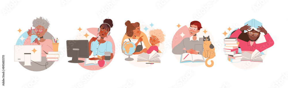 Learning People Character Sitting at Desk with Book and Computer Studying and Gaining Knowledge Vector Set Learning People Character Sitting at Desk with Book and Computer Studying and Gaining Knowledge Vector Set