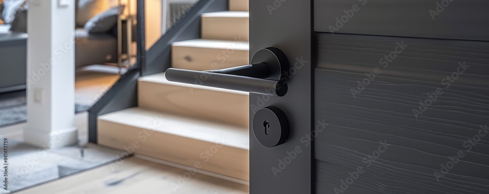 Modern black handle on a matte finish door Modern black handle on a matte finish door