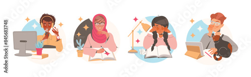 Learning People Character Sitting at Desk with Book and Computer Studying and Gaining Knowledge Vector Set