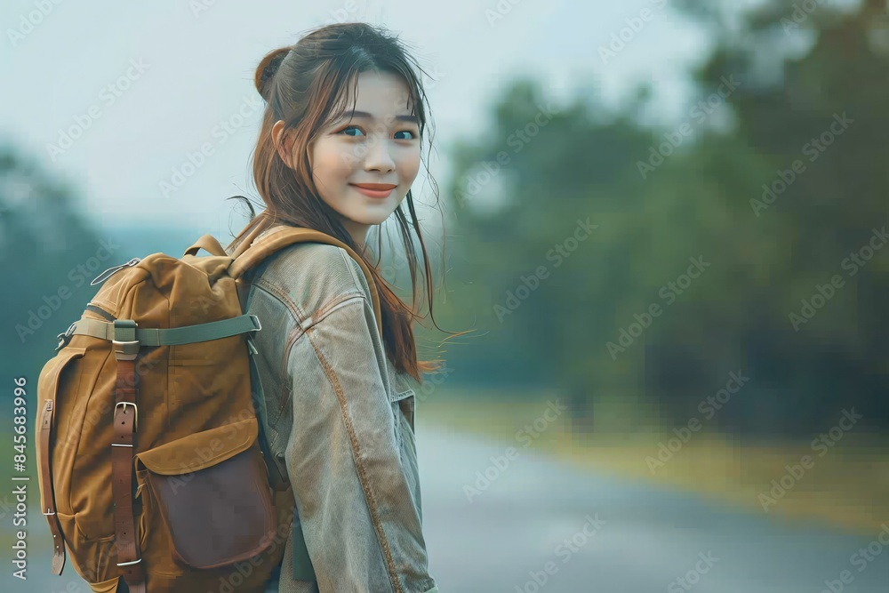 Female pedestrian carrying backpack strolling on sidewalk Female pedestrian carrying backpack strolling on sidewalk