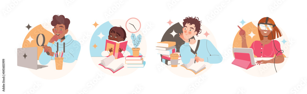 Learning People Character Sitting at Desk with Book and Computer Studying and Gaining Knowledge Vector Set Learning People Character Sitting at Desk with Book and Computer Studying and Gaining Knowledge Vector Set