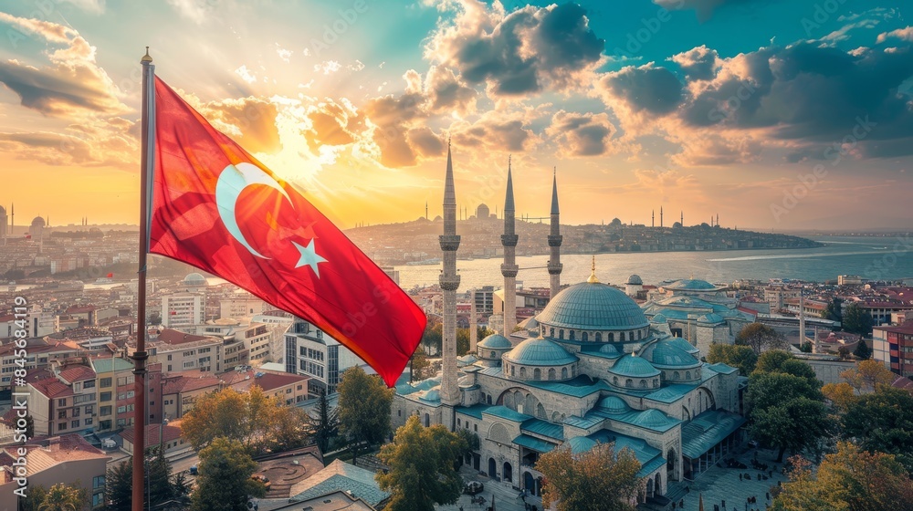 Obraz premium The flag of turkey flamental on the background istanbul city, with buildings and mosque, sea view and sun shine, travel concept
