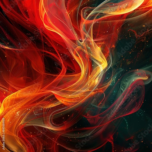Vivid swirling patterns of fiery red, orange, and yellow hues blend seamlessly with touches of dark teal and black. The abstract design consists of flowing, wave-like streams interlaced with fine, lum photo