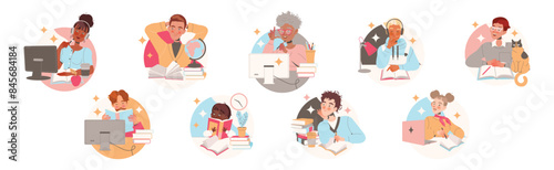 Learning People Character Sitting at Desk with Book and Computer Studying and Gaining Knowledge Vector Set