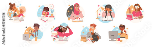 Learning People Character Sitting at Desk with Book and Computer Studying and Gaining Knowledge Vector Set