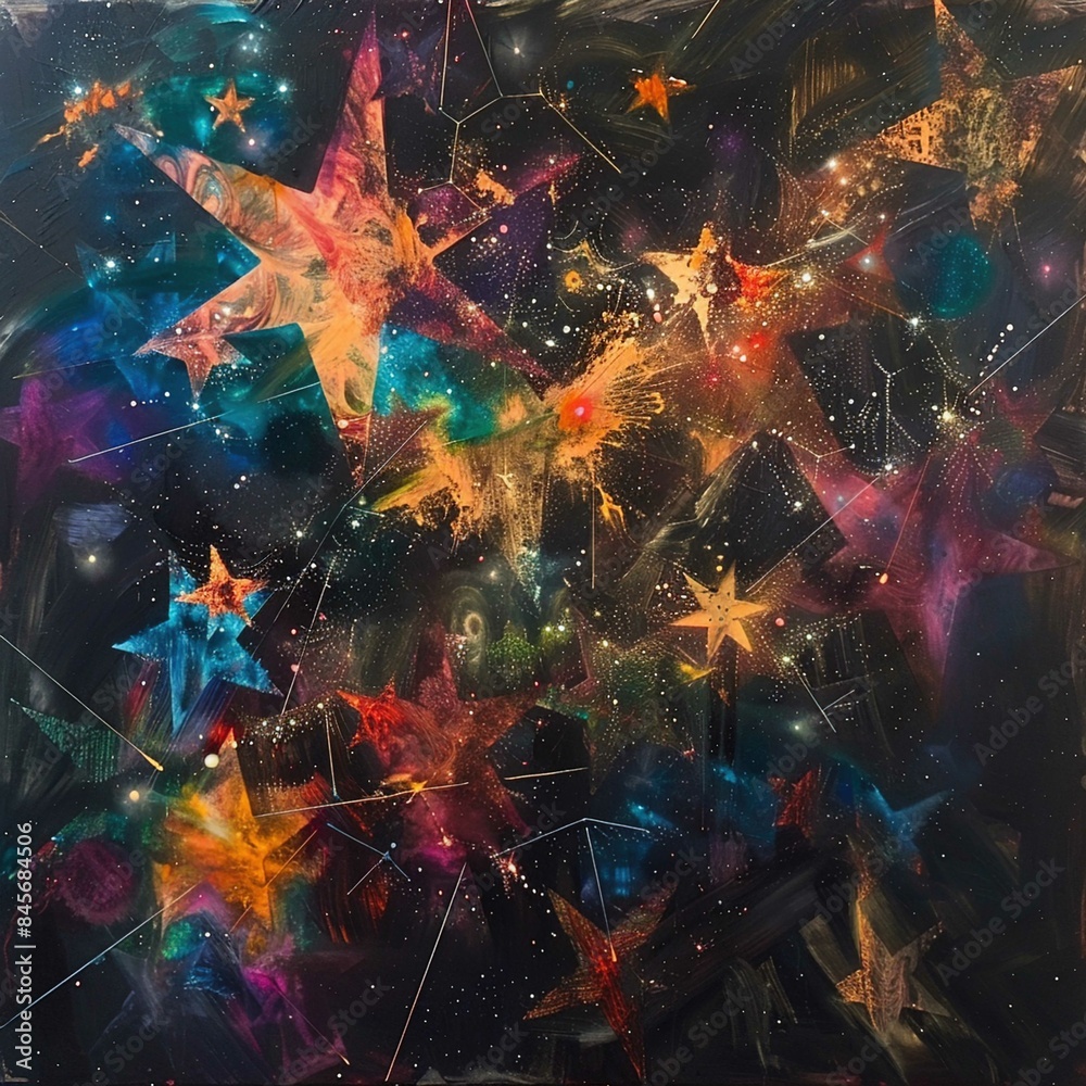 A vibrant, abstract painting depicting a cosmic scene with numerous multicolored stars scattered across a dark background. The stars vary in size and color, ranging from bright oranges, reds, and yell A vibrant, abstract painting depicting a cosmic scene with numerous multicolored stars scattered across a dark background. The stars vary in size and color, ranging from bright oranges, reds, and yell