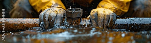 Repairman tightening a bolt on a leaking pipe