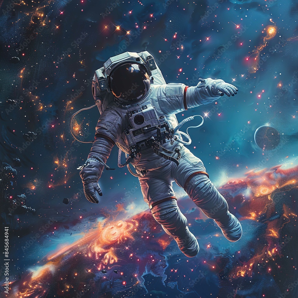A lone astronaut in a white spacesuit floats in the vast expanse of space. The background is filled with a stunning array of colorful cosmic phenomena including bright stars, distant planets, and vibr A lone astronaut in a white spacesuit floats in the vast expanse of space. The background is filled with a stunning array of colorful cosmic phenomena including bright stars, distant planets, and vibr