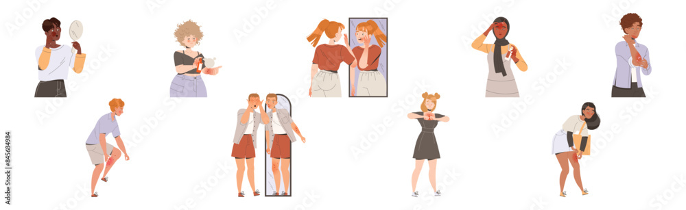 People Characters Suffering from Neurodermatitis Itching, Excessive Rubbing and Scratching Skin Vector Set People Characters Suffering from Neurodermatitis Itching, Excessive Rubbing and Scratching Skin Vector Set