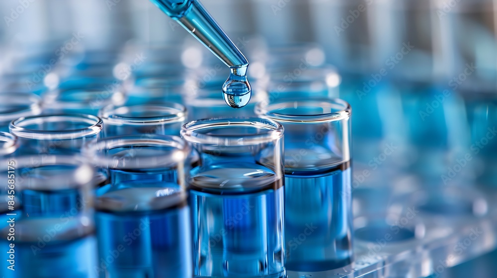Laboratory Setting with Test Tubes Filled with Blue Liquid and Pipette Laboratory Setting with Test Tubes Filled with Blue Liquid and Pipette