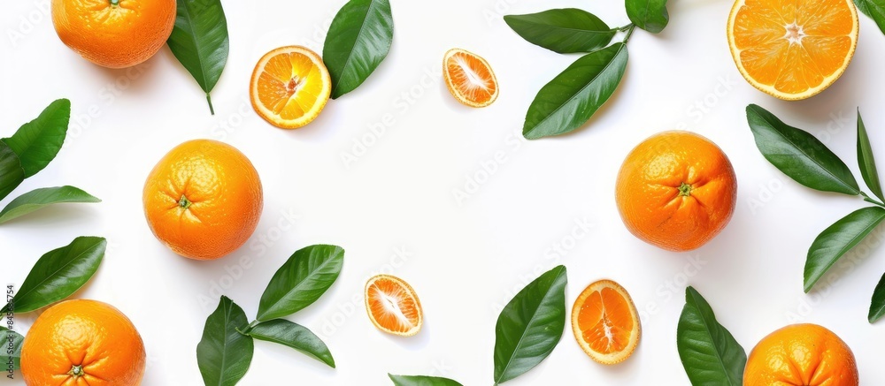 Obraz premium Orange fruits with leaves on a white background