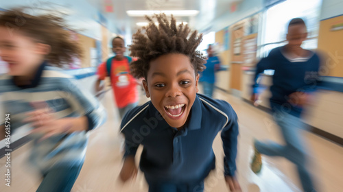 African American boy runs and laughs down the hall at school