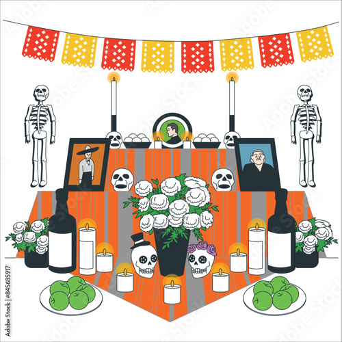 Dia de los Muertos Mexican national holiday and altar with photos of gone people. Vector skull in flower frame, candles and cards with dead. Catrina and garlands of flag, Day of Dead in Mexico. 2303
