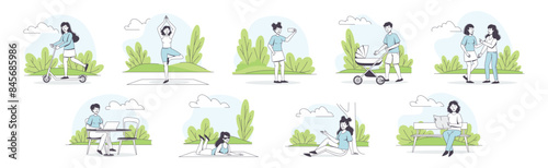 People Character Walking in the Park Outline Vector Set