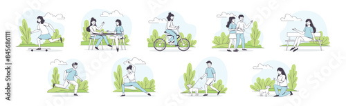 People Character Walking in the Park Outline Vector Set