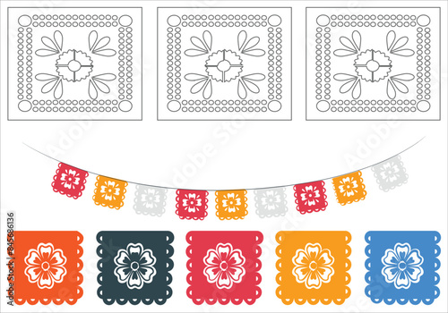 Dia de los Muertos. Decorative garland Papel Picado with floral ornament and skull. Mexican papel picado, pecked paper laces hanging on string. Mexico decoration for Dia de los Muertos means Day. 2308