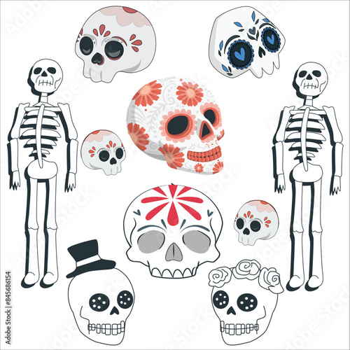 Sugar Skulls Set. Day of the Dead Skull, isolated on white background. Dia de los Muertos. Mexican sugar skull. Design element for logo, emblem, sign, poster, card, banner. Vector illustration. 2305
