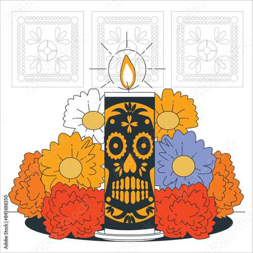 Skull Candles and cempasuchil flowers or marygold. Day of the dead concept dia de los muertos. ghost Candles and marigold flowers. Day of the dead concept dia de los muertos. Day of the dead. 2308
