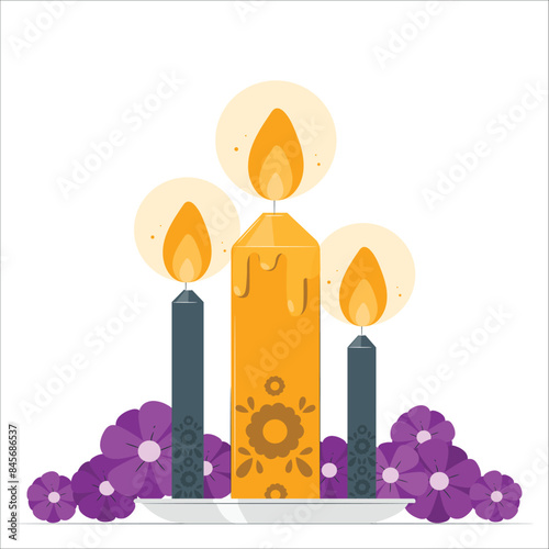 3d Three burning candles and flower, leaf. Vector illustration. Candles and marigold flowers. Day of the dead concept dia de los muertos. Candles and marigold flowers. Day of the dead concept. 2309
