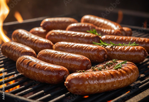 Succulent Pork Sausages Sizzling on Barbecue Close Up