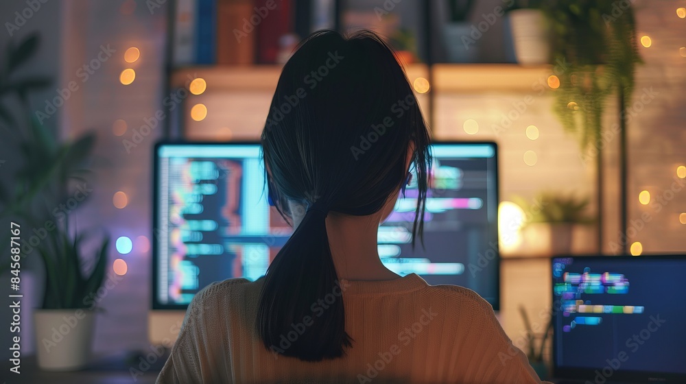 Back view of a young Asian woman working as a freelance home as an IT ...