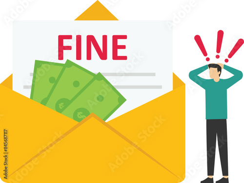Fine concept. Landing page business metaphor. A sad businessman sits near a large envelope with a bad message. Vector illustration flat design. Isolated on white background.


