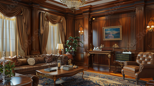Hotel living room with rich wood paneling, elegant drapes, and opulent decor © Stone Shoaib