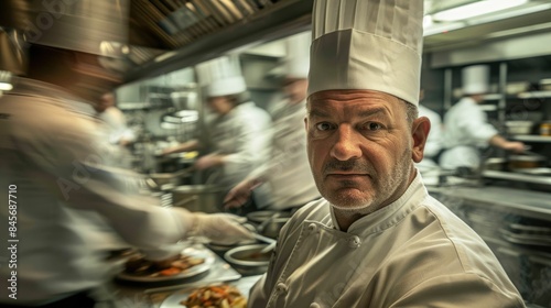 The picture of the professional chef is working inside kitchen of the restaurant, the job about preparing food require experience, cooking skills and concentration, chef must know best flavor. AIG43. photo