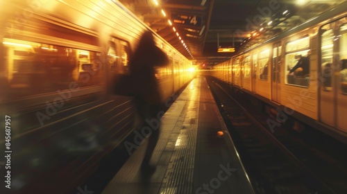 A person stands on a train platform at night, waiting for a train. The platform is lit by the yellow lights of the train cars. © Emiliia