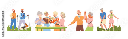 Pensioner Characters Engaged in Different Hobby Activity on Retirement Vector Set