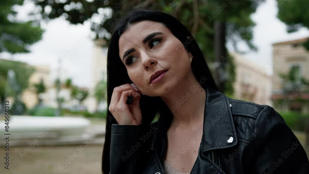 Woman Wearing Wireless Earphones At The Park Woman Wearing Wireless Earphones At The Park